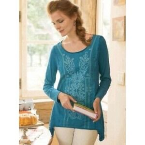 Soft Surroundings Embroidered Tunic Top Long Sleeve Casual Blue‎ Large